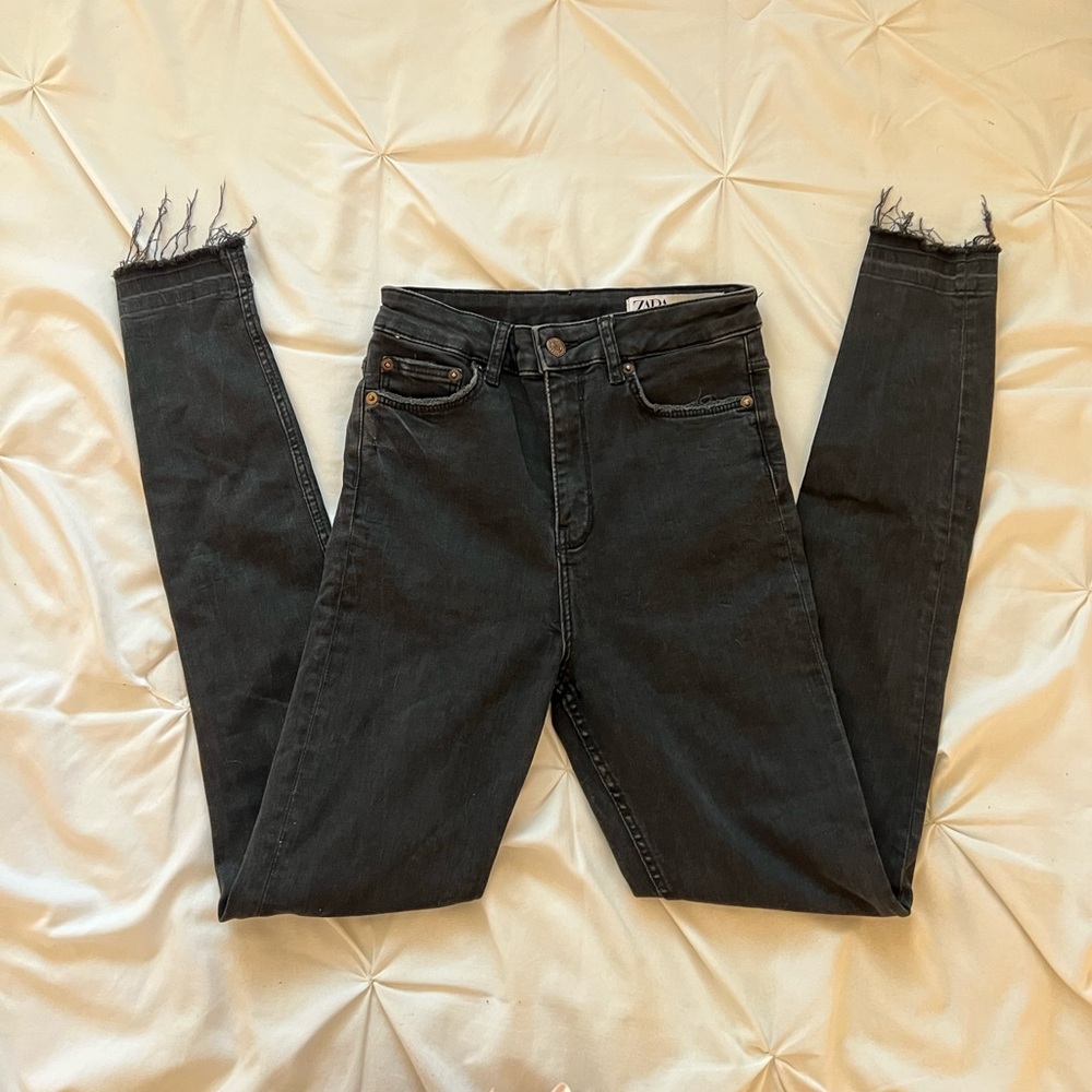 Zara washed black distressed high rise skinny jeans